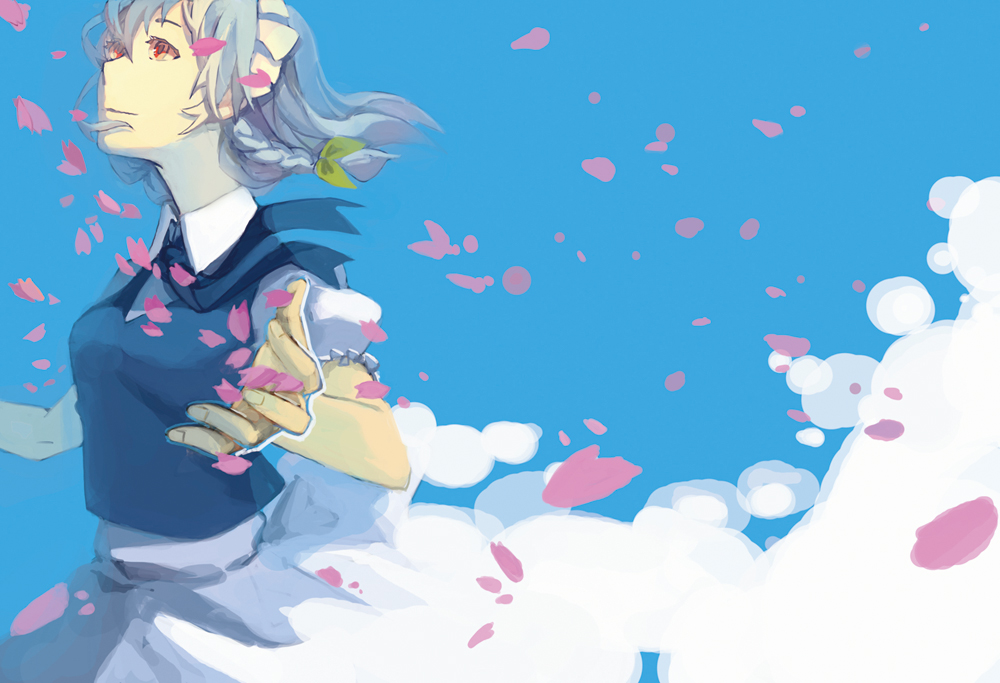 aneater, blue_hair, braid, fingernails, hair_ribbon, hands, izayoi_sakuya, looking_up