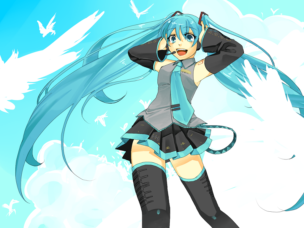 aqua_eyes, aqua_hair, bird, cloud, clouds, detached_sleeves, hands_on_headphones, hatsune_miku