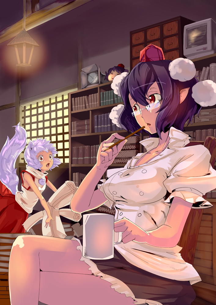 animal_ears, bespectacled, black_hair, blouse, book, bookshelf, chair, crossed_legs