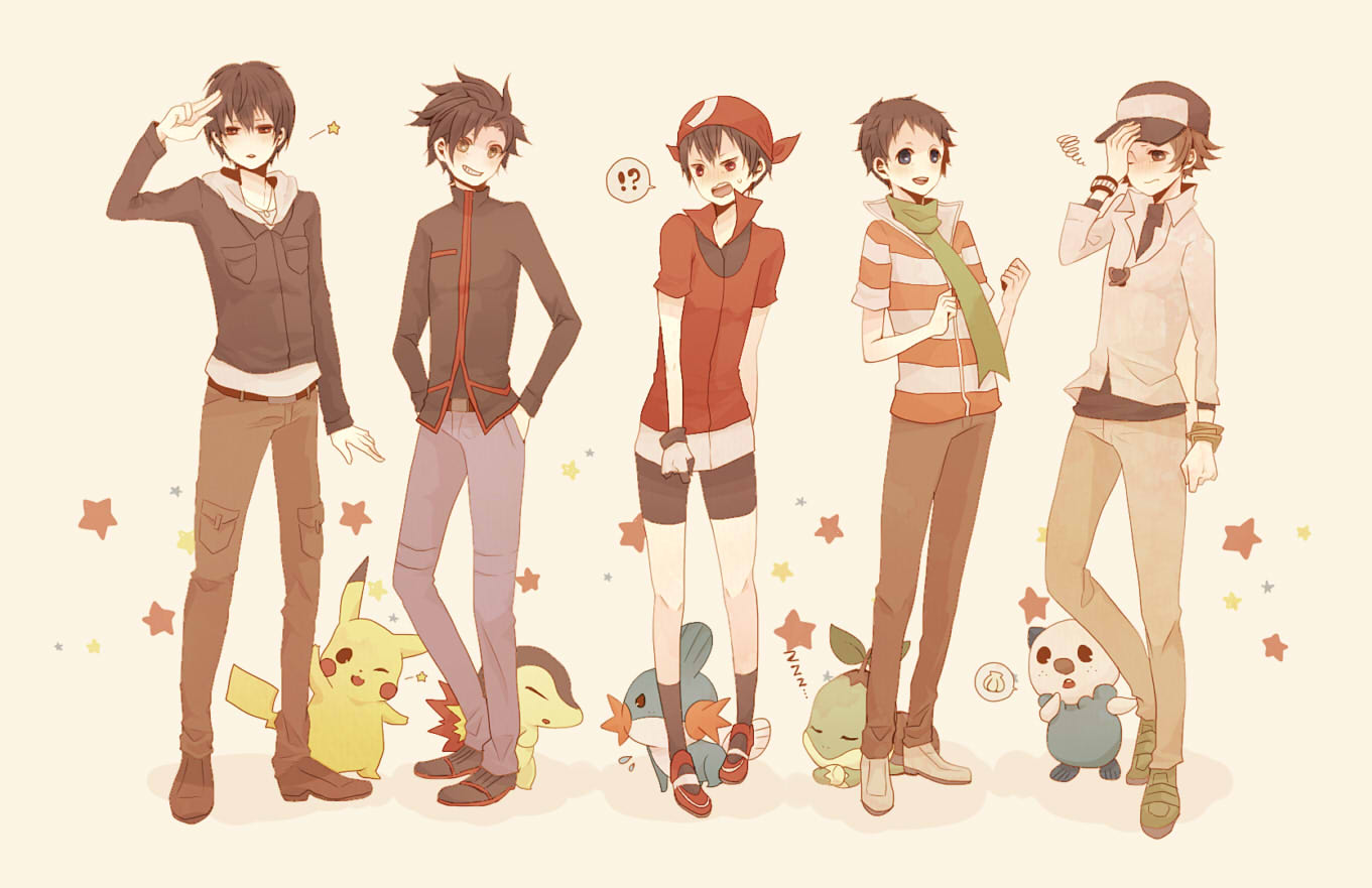 !?, 5boys, ;), alternate_costume, bike_shorts, cyndaquil, embarrassed, gold_(pokemon)