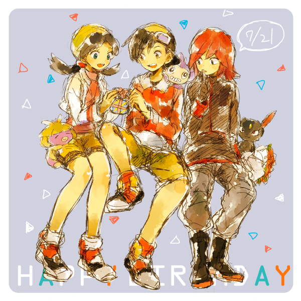 bangs, bike_shorts, birthday, black_hair, blue_eyes, bouquet, closed_eyes, crystal_(pokemon), english, eyes_closed, flower, gift, gloves, goggle_on_head, goggles, goggles_on_head, gold_(pokemon), grey_eyes, holding, mym, pokemon, pokemon_special, purple_background, red_hair, redhead, rose, silver_(pokemon), sitting, smoochum, sneasel, yellow_eyes