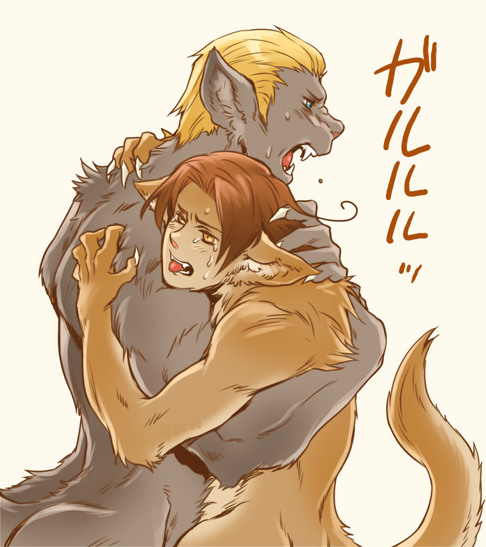 2boys, ahoge, animal_ears, axis_powers_hetalia, blonde_hair, blue_eyes, brown_hair, claws, fangs, furry, germany_(hetalia), hug, italy_(hetalia), multiple_boys, north_italy_(hetalia), rebasashi, sweat, tears, yellow_eyes