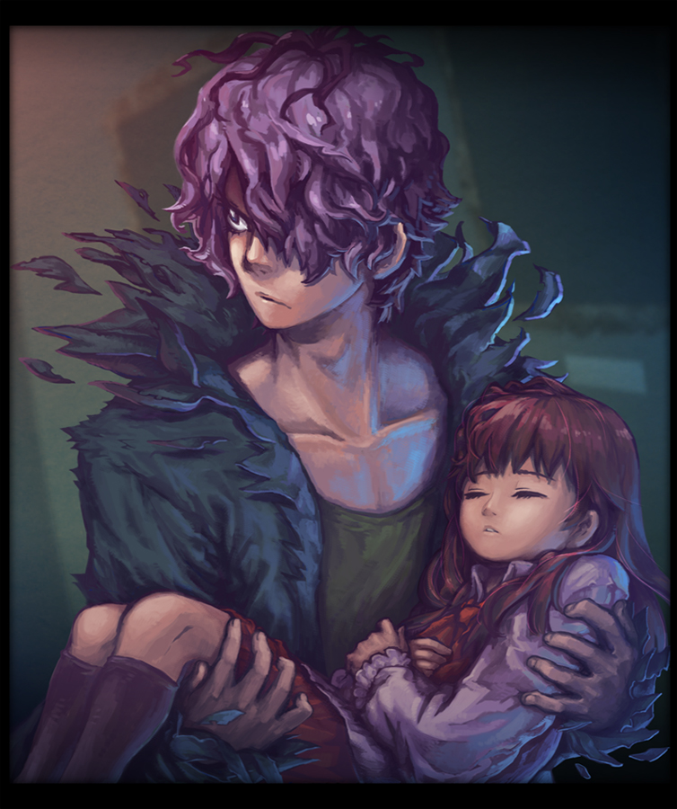 1girl, brown_hair, carrying, closed_eyes, eve_(ib), eyes_closed, gao_(2334787), garry_(ib), gary_(ib), hair_over_one_eye, ib, ib_(ib), purple_hair