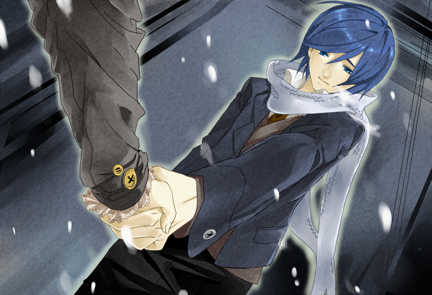 blue_hair, hajimete_no_koi_ga_owaru_toki_(vocaloid), hand_holding, highres, holding_hands, kaito, male, sabu_(sa-bu)
