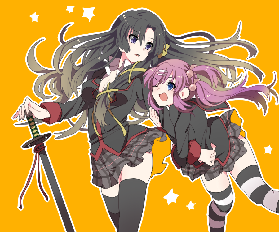 bad_id, black_hair, black_legwear, blue_eyes, breasts, cleavage, hair_bobbles, hair_ornament