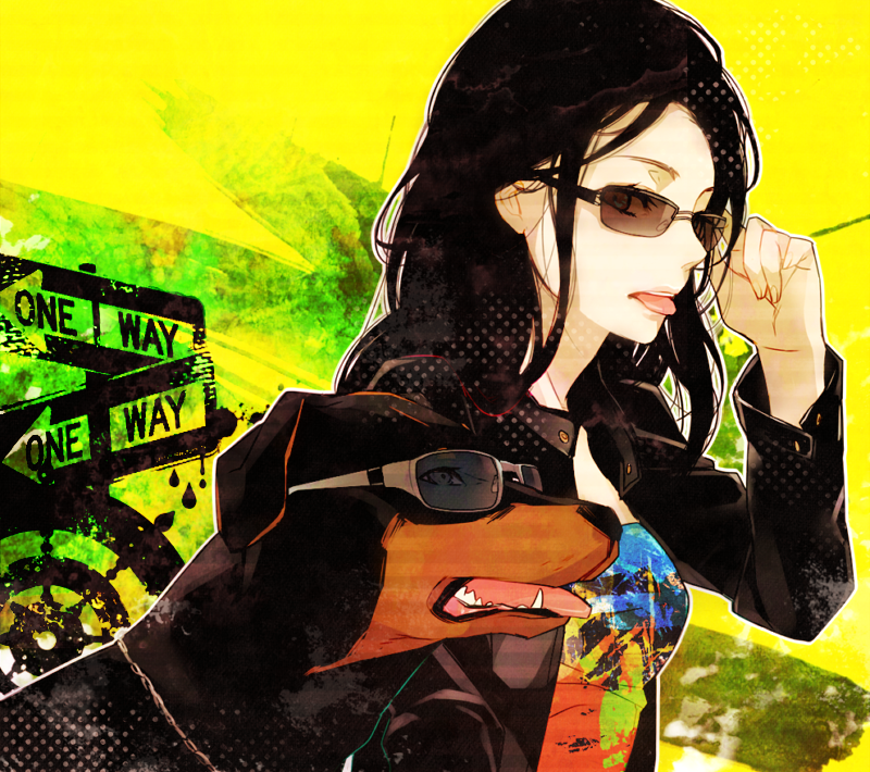 adjusting_glasses, animal, black_hair, dog, glasses, jacket, long_hair, original