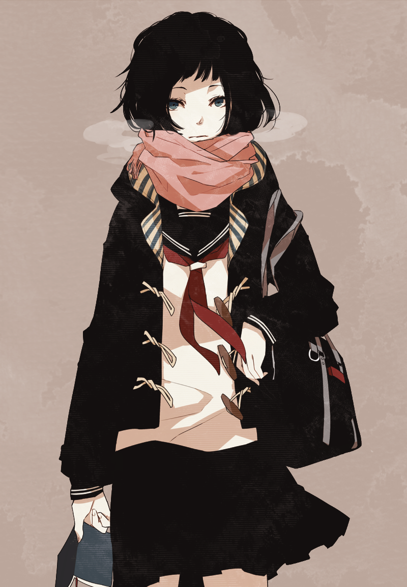 aqua_eyes, bag, black_hair, book, breath, jacket, original, pleated_skirt