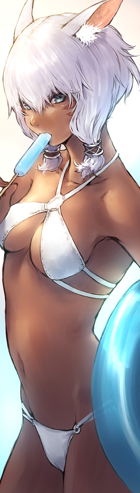 animal_ears, bikini, blue_eyes, breasts, cat_ears, dark_skin, facial_mark, final_fantasy