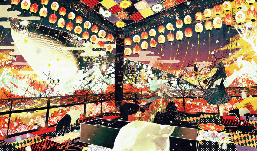1boy, 1girl, animal, japanese_clothes, lantern, original, robin7188, room