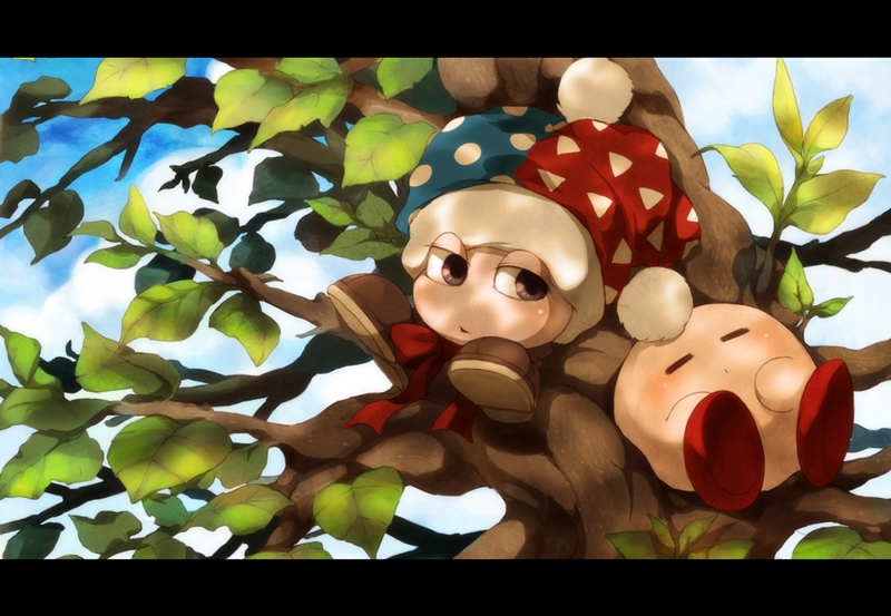 bow, closed_eyes, cloud, clouds, dew-spiegel, eyes_closed, hat, kirby