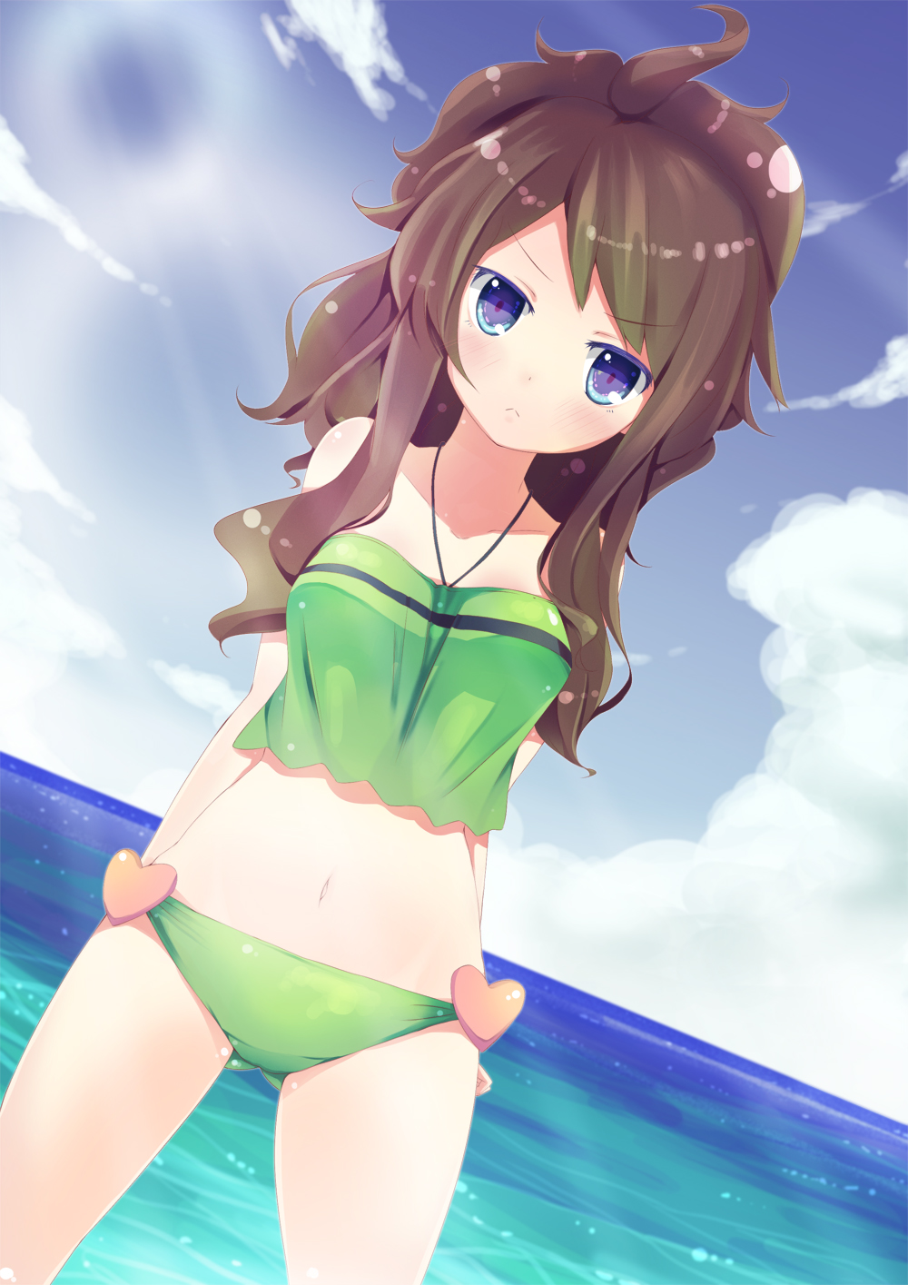 :<, bare_shoulders, bikini, blue_eyes, blush, breasts, brown_hair, dutch_angle