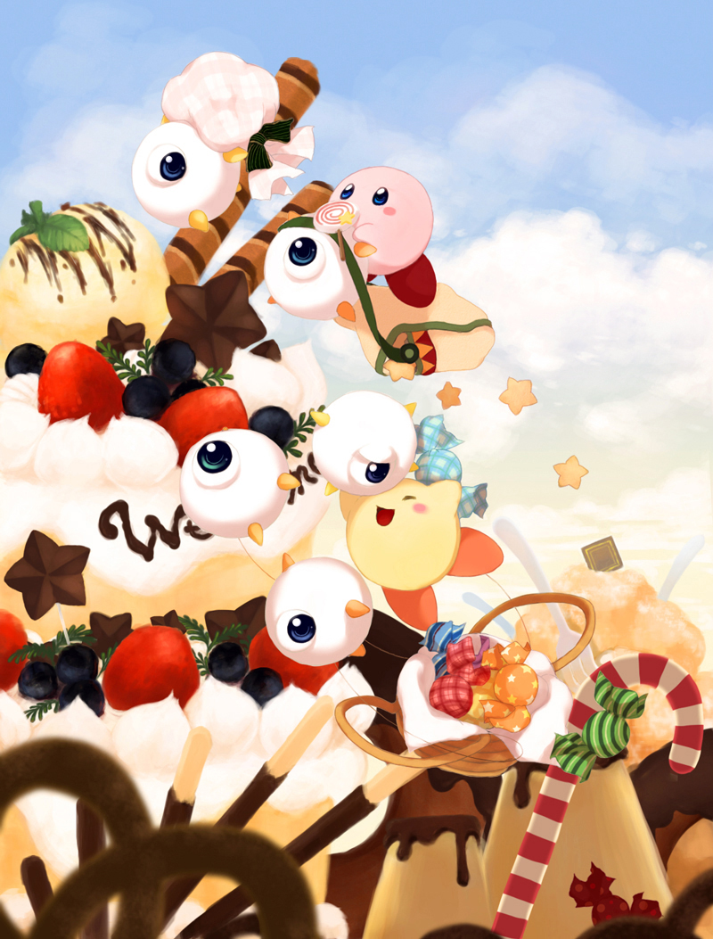 alternate_color, bag, basket, blue_eyes, blueberry, blush, cake, candy