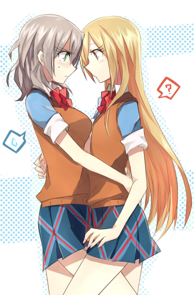 ?, asymmetrical_docking, binbougami_ga!, blonde_hair, blush, breast_press, green_eyes, hug