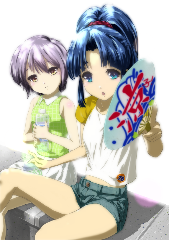 asakura_ryouko, blue_eyes, blue_hair, bottle, casual, fan, gi_cobalt, grey_hair