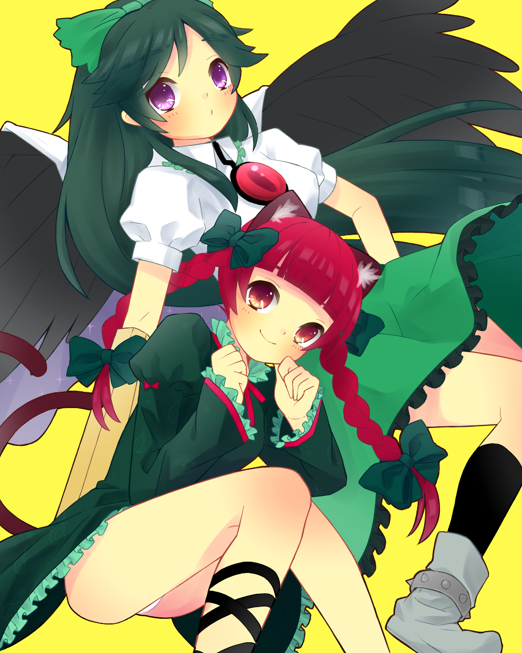 animal_ears, arm_cannon, black_hair, black_wings, blush, bow, braid, cape