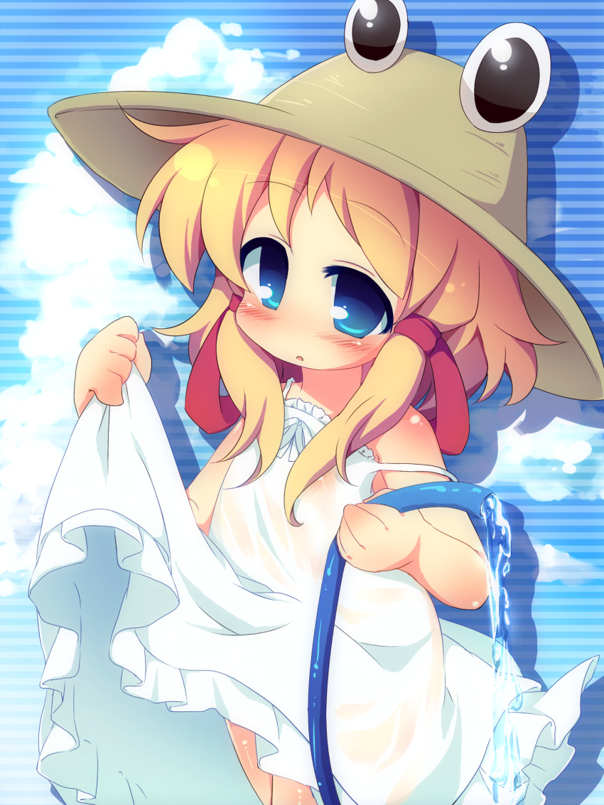 alternate_costume, blonde_hair, blue_eyes, blush, cloud, clouds, dress, dress_lift