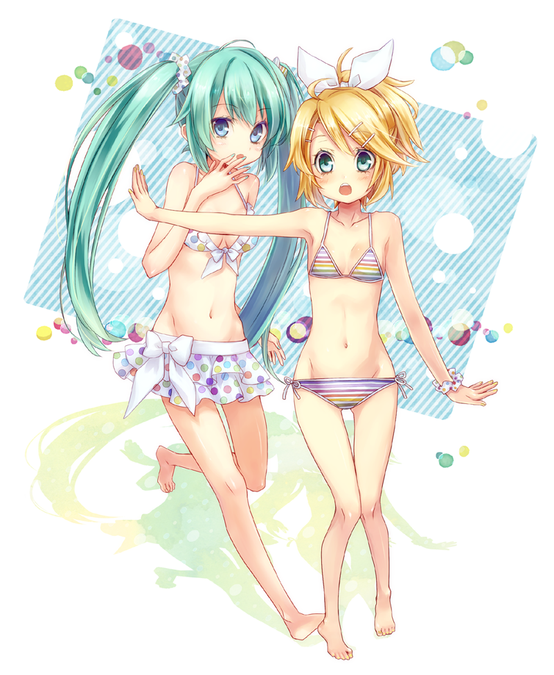 2girls, bikini, bikini_skirt, blonde_hair, blue_eyes, blush, front-tie_top, green_eyes