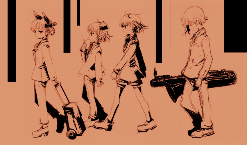 alternate_costume, cigarette, formal, highres, houjuu_nue, instrument, kaenbyou_rin, merlin_prismriver, monochrome, multiple_girls, profile, rm, rumia, saxophone, smoking, suit, touhou, walking