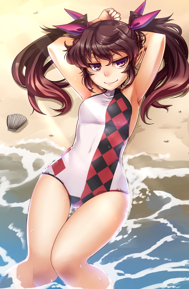 armpits, arms_up, beach, brown_hair, hair_ribbon, himekaidou_hatate, looking_at_viewer, lying
