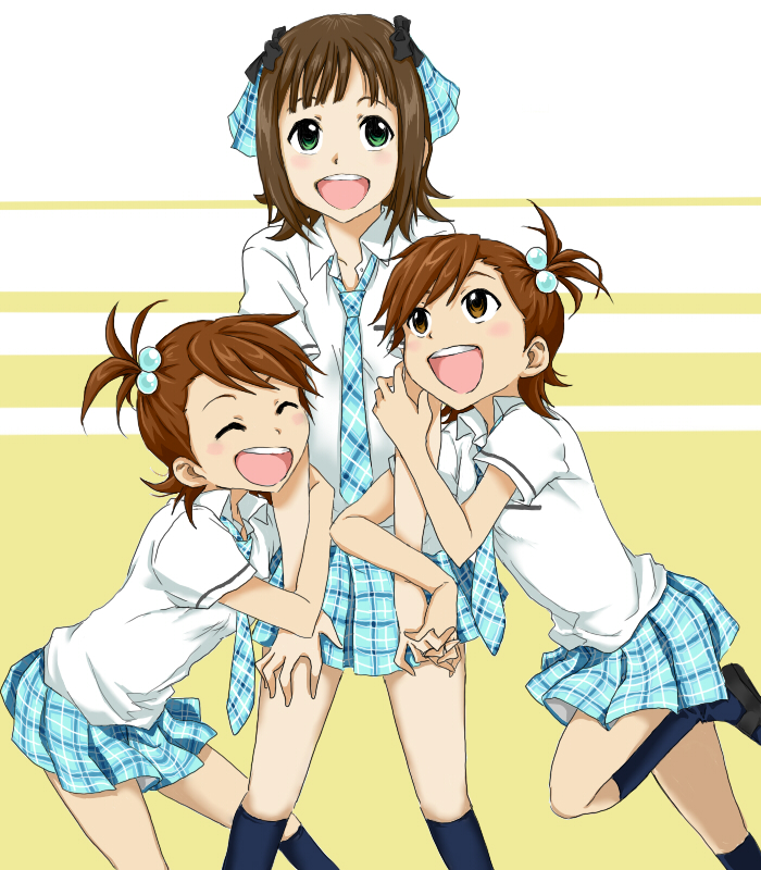 amami_haruka, arm_hug, brown_eyes, brown_hair, e-n, futami_ami, futami_mami, green_eyes, hair_ornament, hug, idolmaster, multiple_girls, necktie, open_mouth, rough_time_school, school_uniform, siblings, side_ponytail, sisters, smile, twins