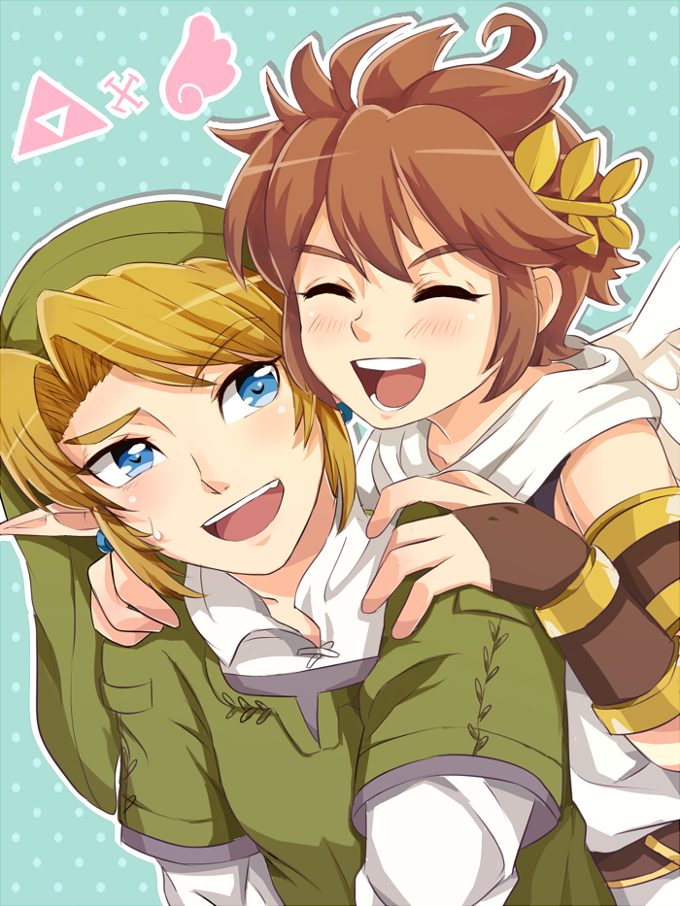 1boy, 1girl, blue_eyes, brown_hair, earrings, flat_chest, genderswap, gloves, hat, jewelry, kid_icarus, link, nintendo, pit, pit_(kid_icarus), pointy_ears, riko_(sorube), sora_(company), sorube, super_smash_bros., super_smash_bros_brawl, the_legend_of_zelda, twilight_princess, wings
