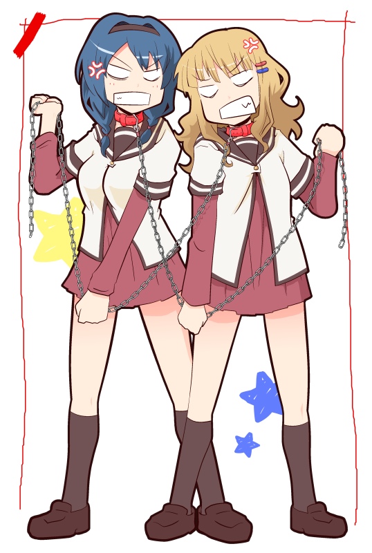 angry, bdsm, blonde_hair, blue_hair, braid, chain, chains, clenched_teeth, collar, furutani_himawari, hair_ornament, hairband, hairclip, long_hair, multiple_girls, oomuro_sakurako, school_uniform, serafuku, short_hair, slave, toutouhai, twin_braids, veins, yuru_yuri