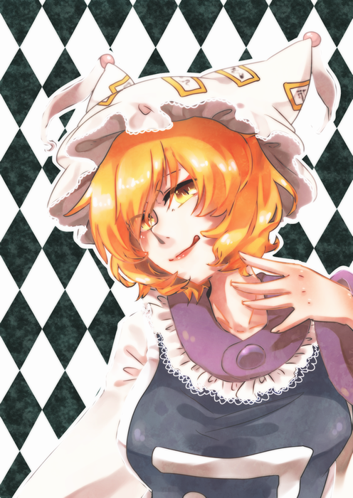 bust, diamond_background, licking_lips, solo, touhou, urita_(vivivinicol), yakumo_ran