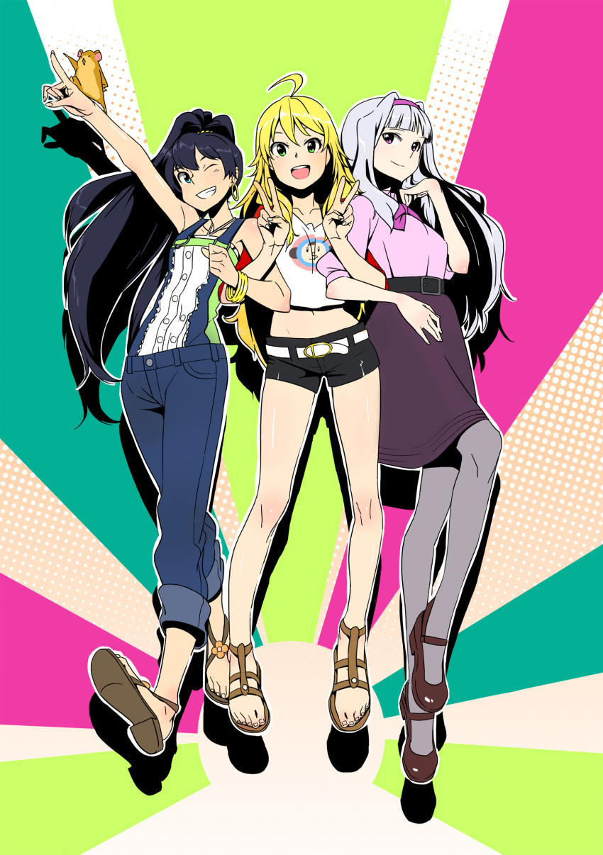 black_hair, blonde_hair, blue_eyes, capri_pants, ganaha_hibiki, green_eyes, grey_hair, grey_legwear