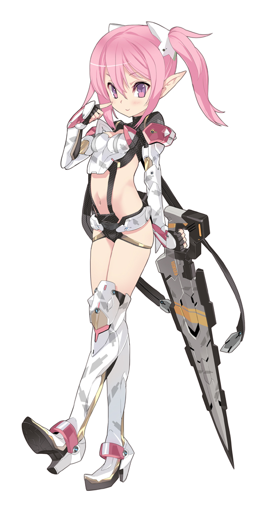 armor, bikini_armor, blade_(lovewn), boots, gunblade, high_heels, midriff, navel