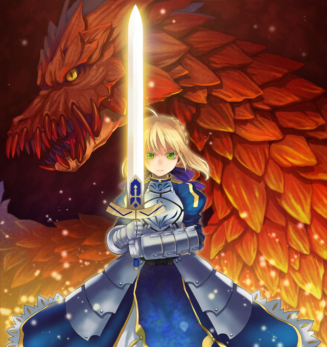 ahoge, armor, armored_dress, blonde_hair, dragon, dress, excalibur, fate/stay_night