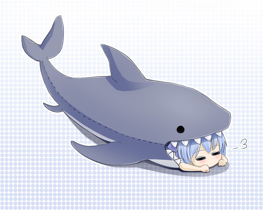 =_=, blue_hair, blush, cirno, closed_eyes, doll, eyes_closed, hair_bow