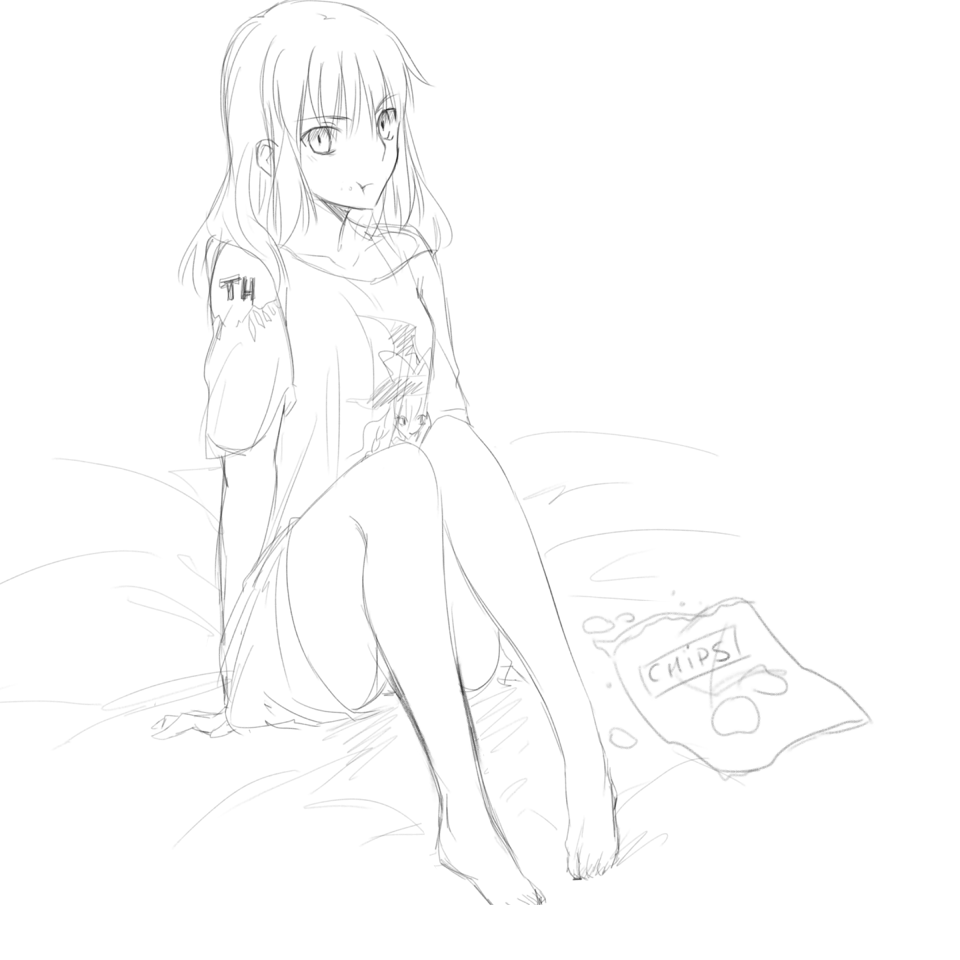 :t, bare_legs, barefoot, bottomless, fate/stay_night, fate_(series), flandre_scarlet, kirisame_marisa, kirisame_marisa_(cameo), knees_together_feet_apart, ladymarta, long_hair, monochrome, potato_chips, saber, saber_alter, sketch, solo, t-shirt, touhou, wings