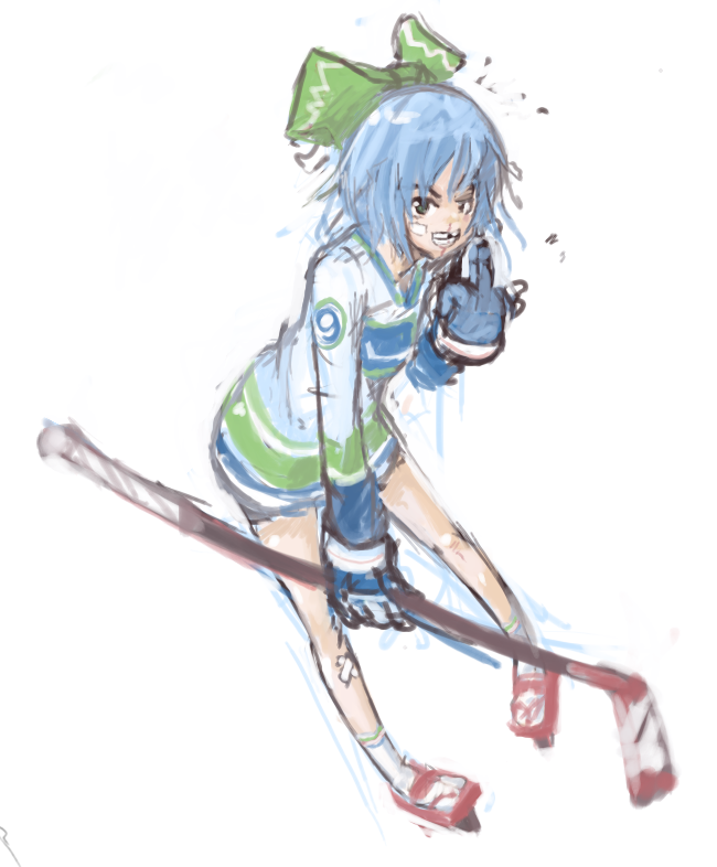 ⑨, ?, bandaid, blue_eyes, blue_hair, bow, cirno, gloves