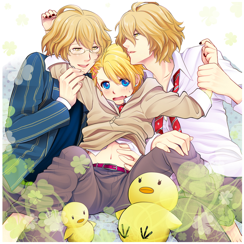 ahoge, blonde_hair, blue_eyes, blush, dual_persona, glasses, kurusu_shou, male