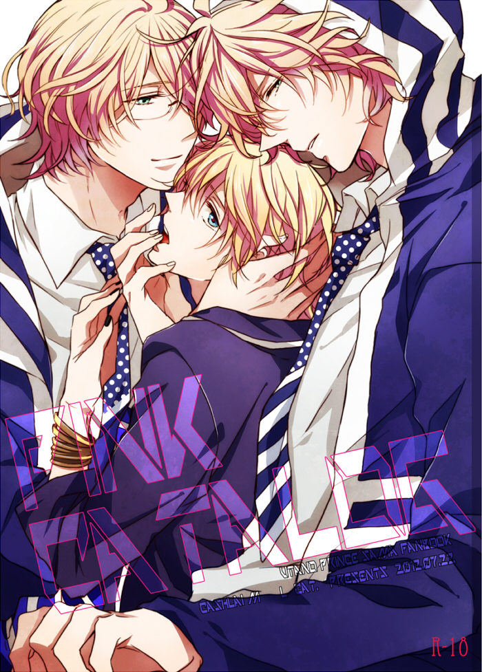 blonde_hair, blue_eyes, dual_persona, glasses, green_eyes, kurusu_shou, male, multiple_boys, open_mouth, shinomiya_natsuki, shinomiya_satsuki, short_hair, uta_no_prince-sama, yaoi