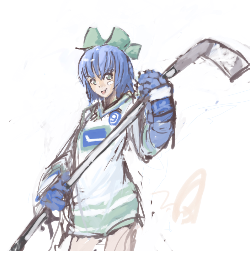 ⑨, :p, ?, bandaid, blue_eyes, blue_hair, bow, cirno