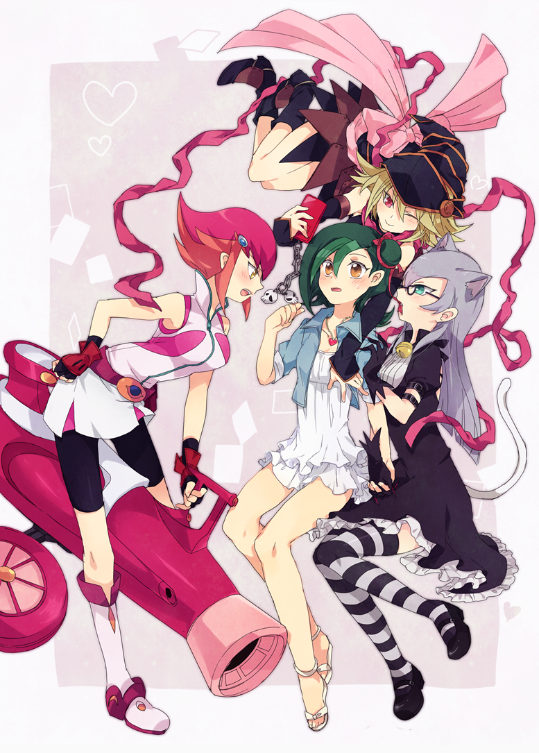 4girls, bare_shoulders, bell, bike_shorts, blonde_hair, boots, cannon, cat_ears