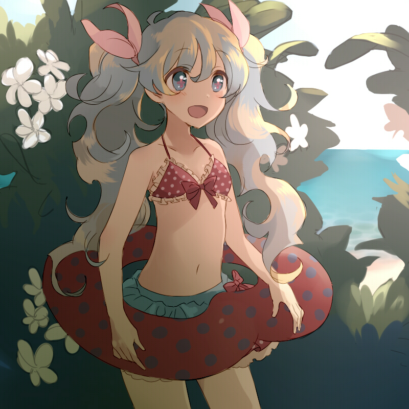1girl, alternate_hairstyle, bikini_top, blush, bow, flat_chest, frilled_swimsuit, frills