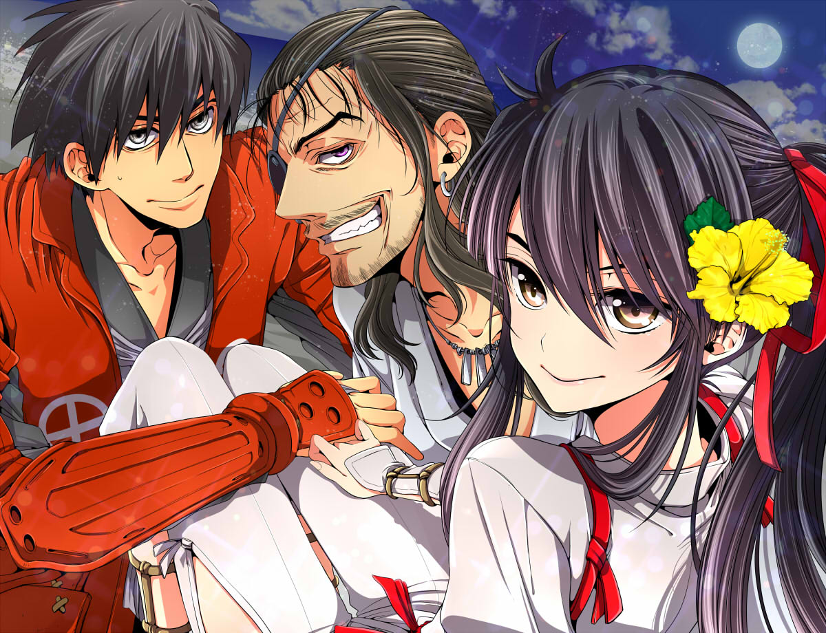 black_hair, brown_eyes, drifters, eyepatch, facial_hair, grey_eyes, grin, hairfsmile