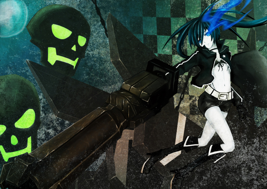 aore, bikini_top, black_hair, black_rock_shooter, blue_eyes, gun, kuroi_mato, long_hair, scar, shorts, skull, stars, weapon