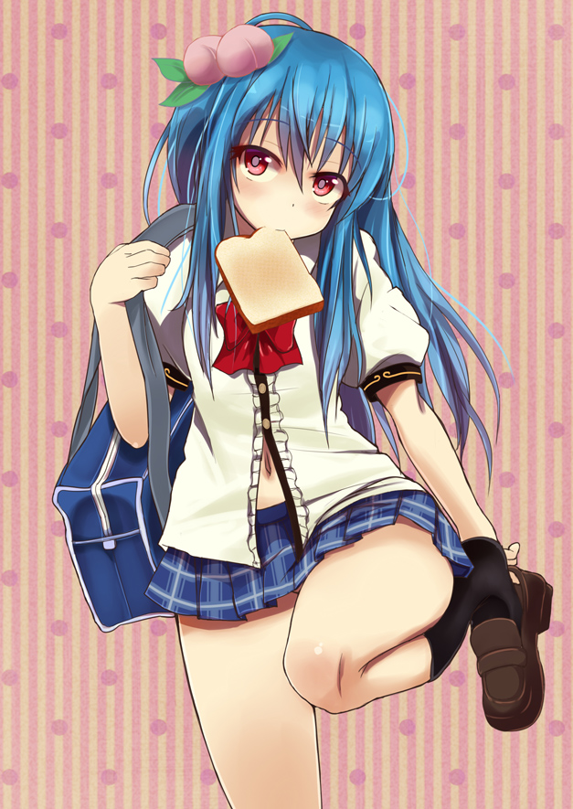 bag, blue_hair, bread, comord, food, fruit, hinanawi_tenshi, loafers