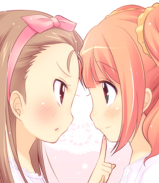 coriinu, eye_contact, finger_to_mouth, forehead_to_forehead, idolmaster, long_hair, minase_iori, smile