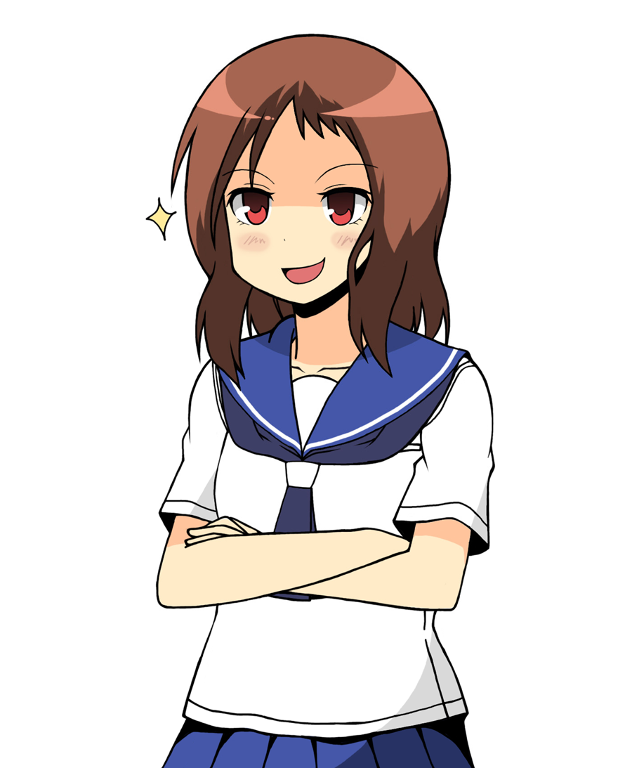 1girl, :d, blush, brown_hair, crossed_arms, killing_smile, open_mouth, raiexcat
