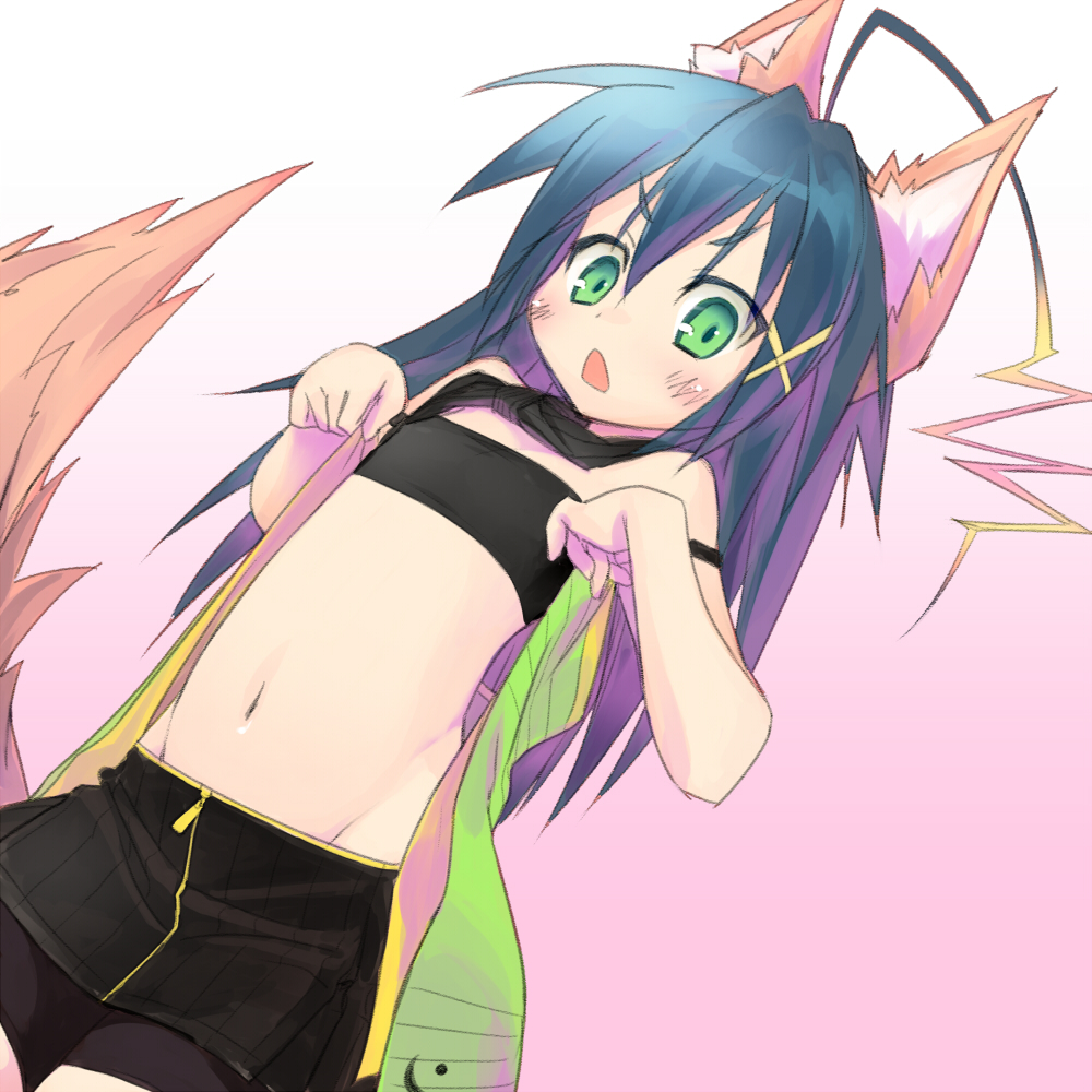 animal_ears, bike_shorts, blue_hair, blush, dog_ears, dog_tail, green_eyes, long_hair
