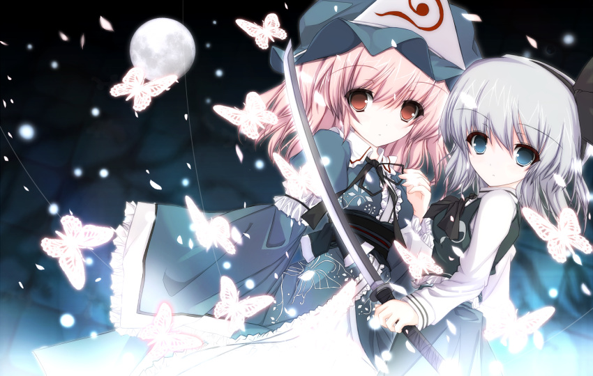blue_dress, blue_eyes, bow, butterfly, dress, full_moon, hair_ribbon, hat, highres, katana, konpaku_youmu, lights, long_sleeves, looking_at_viewer, moon, multiple_girls, night, pink_eyes, pink_hair, ribbon, saigyouji_yuyuko, sash, shirt, short_hair, silver_hair, skirt, skirt_set, sword, touhou, vest, weapon, wide_sleeves, yyy, yyy3
