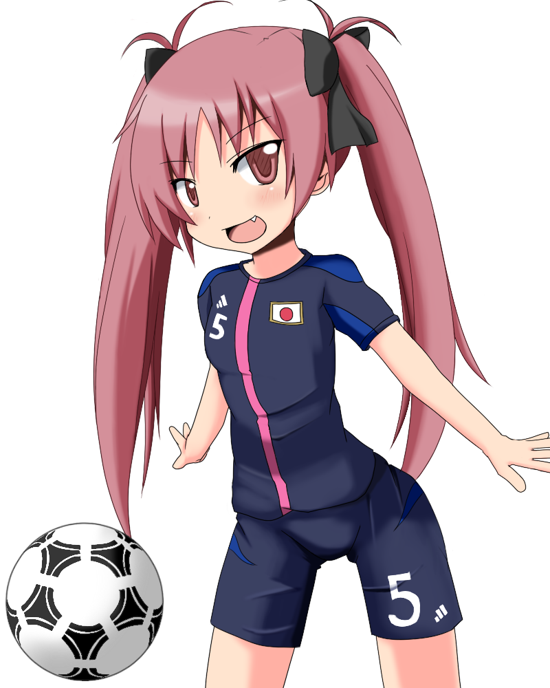 1girl, alternate_costume, ball, blush, fang, hair_ribbon, mahou_shoujo_madoka_magica, mai_(t-5)