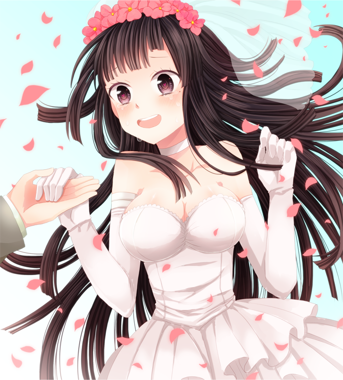 amnos18, bare_shoulders, blue_eyes, blush, breasts, bridal_veil, cleavage, dangan-ronpa, dangan-ronpa_2, dangan_ronpa, dress, elbow_gloves, flower, gloves, hair_ornament, long_hair, mole, open_mouth, smile, super_dangan_ronpa_2, tears, tsumiki_mikan, veil, wedding_dress