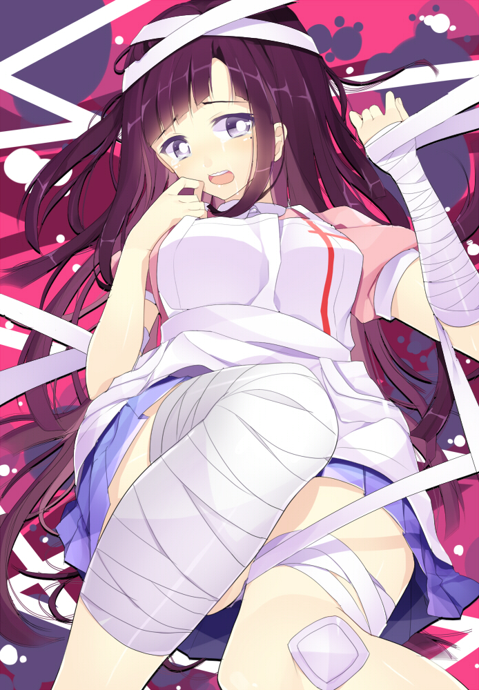 apron, bandage, bandages, blue_eyes, blush, bound_wrists, dangan-ronpa, dangan-ronpa_2