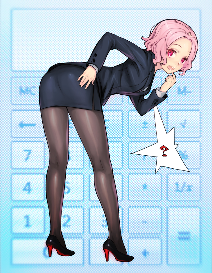 ?, ass, bent_over, calculator, copyright_request, female, formal, from_behind, hand_on_hip, high_heels, leaning_forward, legs, looking_back, office_lady, pantyhose, pink_eyes, pink_hair, pumps, shiohara_shin'ichi, shiohara_shin'ichi, shoes, short_hair, skirt, skirt_suit, solo, suit