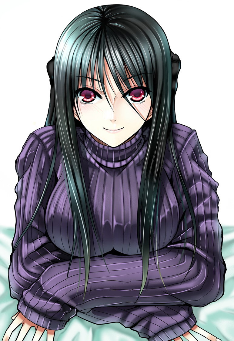 breasts, large_breasts, mugenshiki, original, red_eyes, ribbed_sweater, solo, sweater